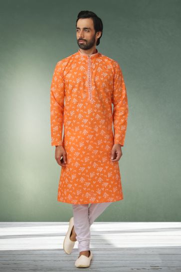 Printed Fancy Orange Color Cotton Fabric Function Wear Readymade Kurta Pyjama For Men