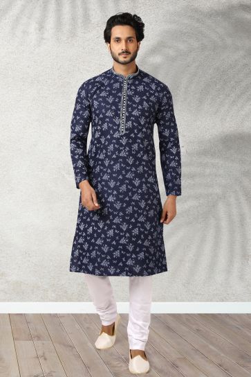 Cotton Fabric Printed Navy Blue Color Festive Wear Readymade Men Stylish Kurta Pyjama