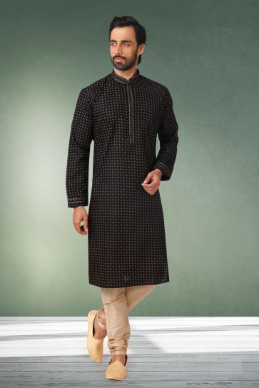 Black Cotton Fabric Printed Sangeet Wear Trendy Readymade Kurta Pyjama For Men