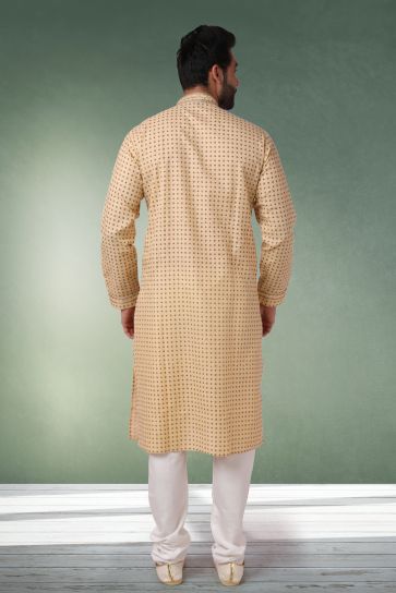 Cotton Beige Color Wedding Wear Printed Readymade Designer Men Kurta Pyjama
