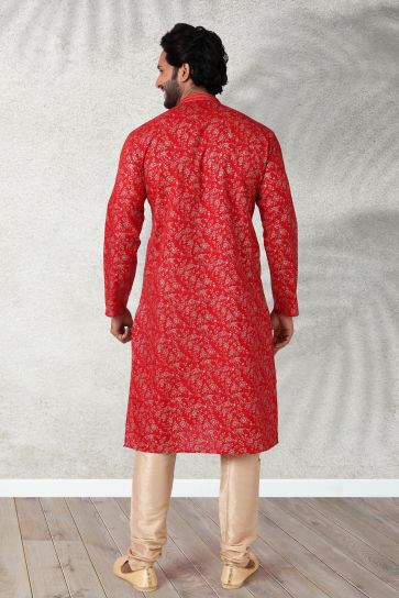 Stunning Printed Red Color Function Wear Readymade Men Kurta Pyjama