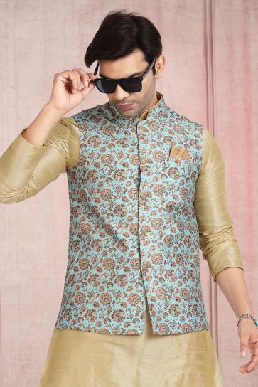 Beige Color Sangeet Wear Banarasi Silk Fabric Printed Designer Readymade Kurta Pyjama For Men With Jacket