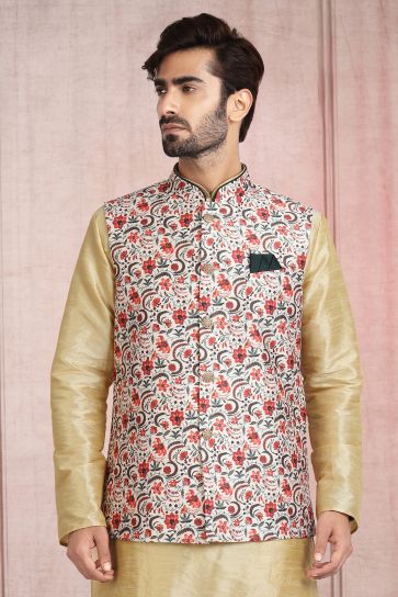 Printed Appealing Beige Color Banarasi Silk Fabric Function Wear Readymade Kurta Pyjama For Men With Jacket