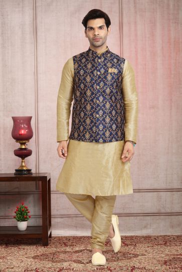 Beige Color Printed Engaging Banarasi Silk Fabric Festive Wear Readymade Kurta Pyjama For Men With Jacket