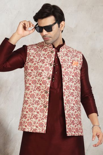Fetching Maroon Banarasi Silk Fabric Sangeet Wear Printed Readymade Kurta Pyjama For Men With Jacket