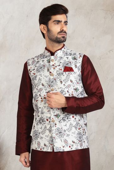 Printed Maroon Color Gorgeous Banarasi Silk Wedding Wear Readymade Kurta Pyjama For Men With Jacket
