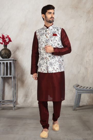 Printed Maroon Color Gorgeous Banarasi Silk Wedding Wear Readymade Kurta Pyjama For Men With Jacket