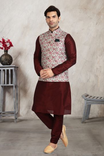 Maroon Color Printed Banarasi Silk Fabric Reception Wear Striking Readymade Kurta Pyjama For Men With Jacket