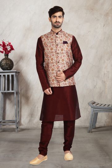 Maroon Stunning Banarasi Silk Fabric Printed Function Wear Readymade Kurta Pyjama For Men With Jacket