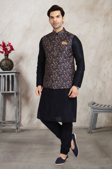 Banarasi Silk Lovely Black Color Festive Wear Printed Readymade Kurta Pyjama For Men With Jacket