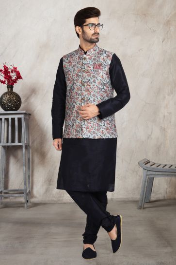 Banarasi Silk Printed Black Color Sangeet Wear Pretty Readymade Kurta Pyjama For Men With Jacket
