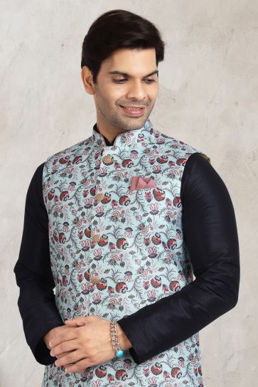 Black Color Beautiful Printed Banarasi Silk Fabric Wedding Wear Readymade Kurta Pyjama For Men With Jacket