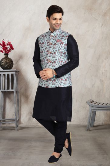 Black Color Beautiful Printed Banarasi Silk Fabric Wedding Wear Readymade Kurta Pyjama For Men With Jacket