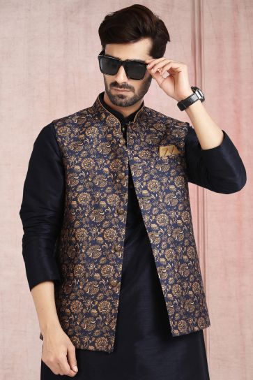 Reception Wear Black Color Banarasi Silk Fabric Attractive Printed Readymade Kurta Pyjama For Men With Jacket