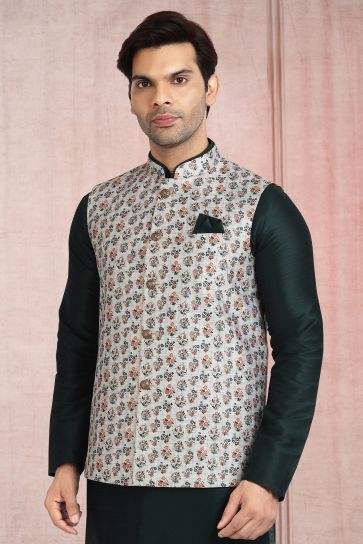 Dark Green Color Banarasi Silk Fabric Function Wear Readymade Kurta Pyjama For Men With Modi Jacket Set