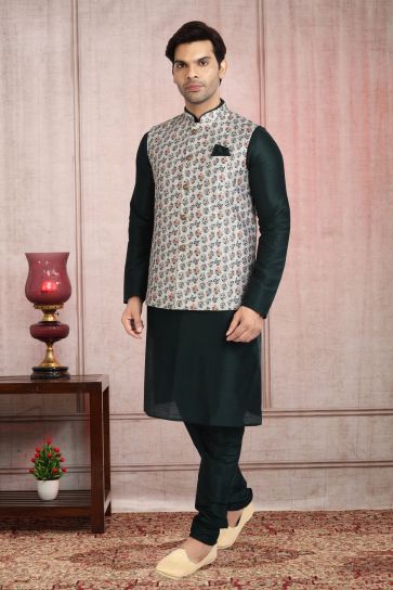 Dark Green Color Banarasi Silk Fabric Function Wear Readymade Kurta Pyjama For Men With Modi Jacket Set