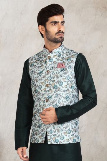 Banarasi Silk Fabric Dark Green Color Festive Wear Readymade Men Stylish Kurta Pyjama With Nehru Jacket set 