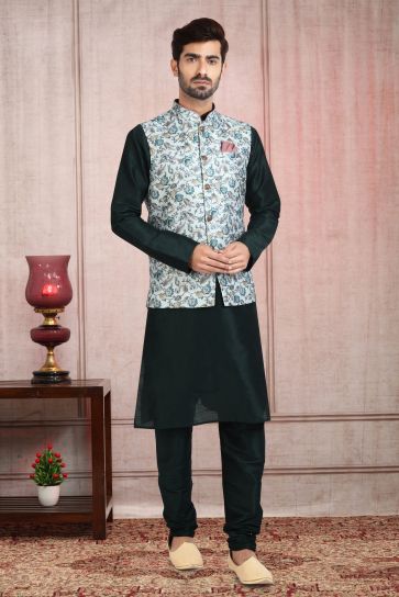 Banarasi Silk Fabric Dark Green Color Festive Wear Readymade Men Stylish Kurta Pyjama With Nehru Jacket set 