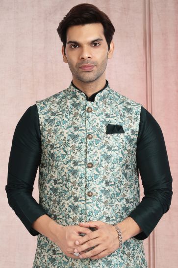 Dark Green Banarasi Silk Fabric Sangeet Wear Trendy Readymade Kurta Pyjama For Men With Jacket Set