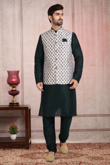 Banarasi Silk Dark Green Color Wedding Wear Readymade Designer Men Kurta Pyjama With Modi Jacket