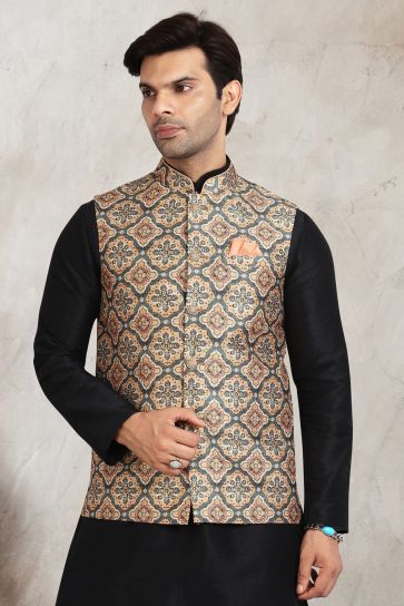 Black Gorgeous Banarasi Silk Fabric Reception Wear Readymade Kurta Pyjama For Men With Nehru Jacket