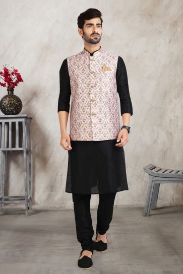 Banarasi Silk Stunning Black Color Function Wear Readymade Men Kurta Pyjama With Jacket