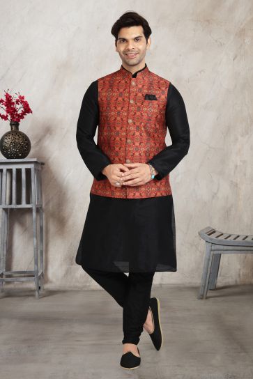 Black Banarasi Silk Festive Wear Readymade Lovely Kurta Pyjama For Men With Jacket