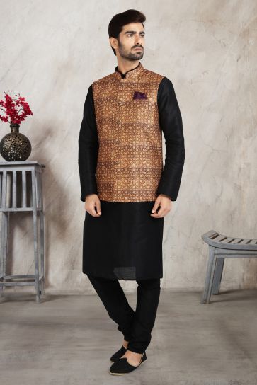 Banarasi Silk Fabric Function Wear Black Color Readymade Kurta Pyjama For Men With 3 Pcs Jacket Set