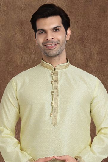 Yellow Color Readymade Jacquard Silk Fabric Kurta Pyjama For Men