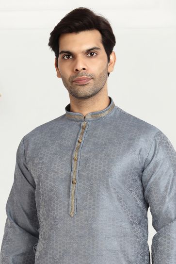 Grey Color Engaging Jacquard Silk Fabric Readymade Kurta Pyjama For Men