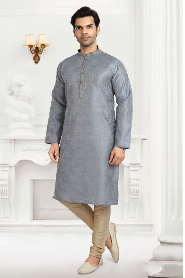 Grey Color Engaging Jacquard Silk Fabric Readymade Kurta Pyjama For Men
