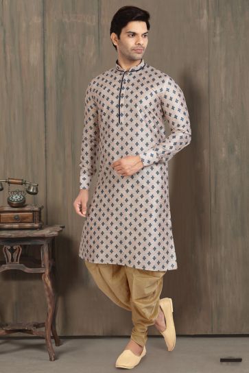 Beige Color Artistic Readymade Printed Men Peshawari Style Kurta Pyjama For Wedding Wear