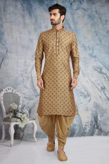 Printed Brown Color Reception Wear Readymade Banarasi Silk Fabric Peshawari Style Kurta Pyjama For Men