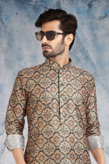 Festive Wear Printed Readymade Peshawari Style Kurta Pyjama For Men In Dark Beige Banarasi Silk Fabric