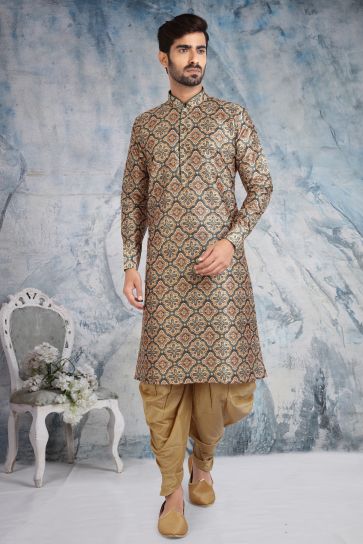 Festive Wear Printed Readymade Peshawari Style Kurta Pyjama For Men In Dark Beige Banarasi Silk Fabric