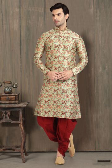 Printed Sangeet Wear Readymade Peshawari Style Kurta Pyjama For Men In Banarasi Silk Sea Green Color