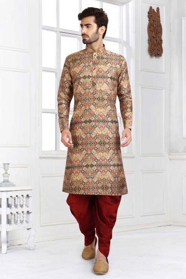 Multi Color Printed Banarasi Silk Fabric Function Wear Fancy Readymade Peshawari Style Kurta Pyjama For Men