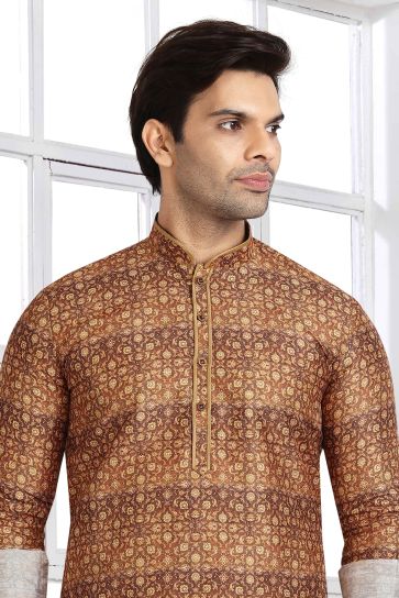 Banarasi Silk Fabric Brown Color Printed Festive Wear Trendy Readymade Men Peshawari Style Kurta Pyjama
