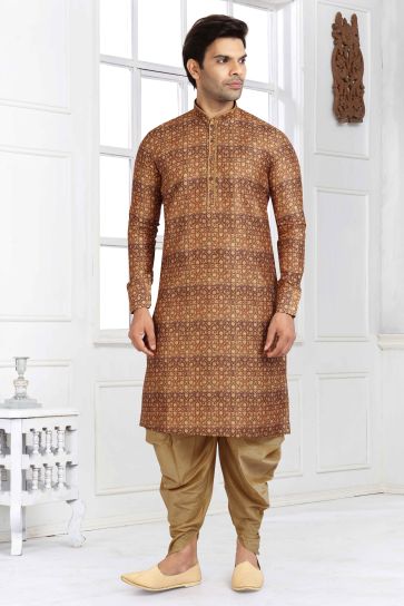 Banarasi Silk Fabric Brown Color Printed Festive Wear Trendy Readymade Men Peshawari Style Kurta Pyjama