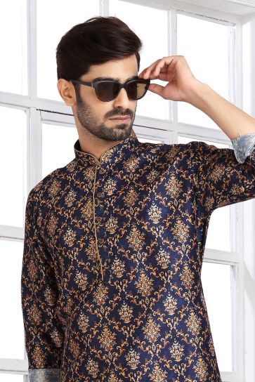 Navy Blue Color Sangeet Wear Banarasi Silk Fabric Printed Designer Readymade Peshawari Style Kurta Pyjama For Men