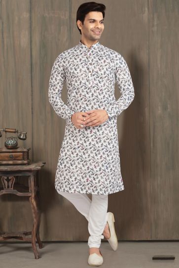 Printed Appealing Off White Color Cotton Fabric Function Wear Readymade Kurta Pyjama For Men