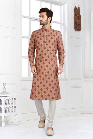 Light Brown Color Printed Engaging Cotton Fabric Festive Wear Readymade Kurta Pyjama For Men