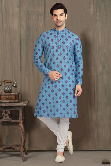 Cyan Color Cotton Fabric Printed Festive Wear Captivating Readymade Kurta Pyjama For Men