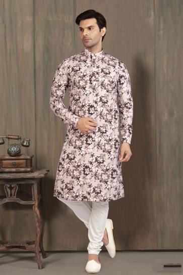 Beige Color Gorgeous Cotton Fabric Printed Function Wear Readymade Kurta Pyjama For Men