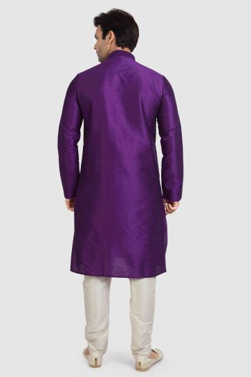 Beautiful Art Silk Fabric Readymade Kurta Pyjama For Men In Purple Color
