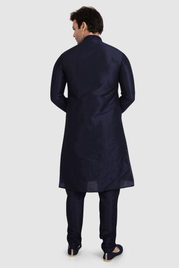 Navy Blue Art Silk Fabric Trendy Readymade Kurta Pyjama For Men