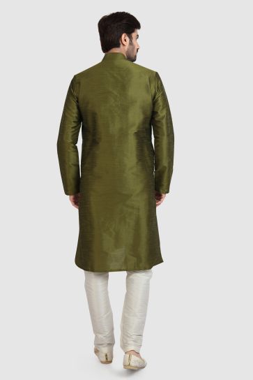 Green Color Art Silk Fabric Sangeet Wear Readymade Glamorous Kurta Pyjama For Men