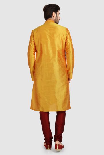 Orange Color Readymade Art Silk Fabric Kurta Pyjama For Men