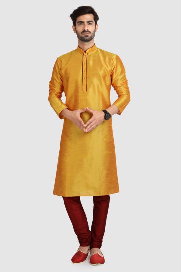 Orange Color Readymade Art Silk Fabric Kurta Pyjama For Men
