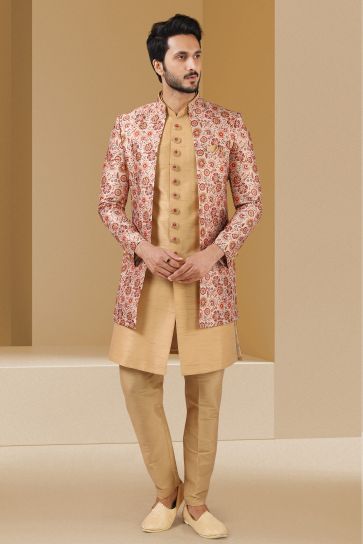 Printed Banarasi Pink Color Wedding Wear Readymade Indo Western For Men